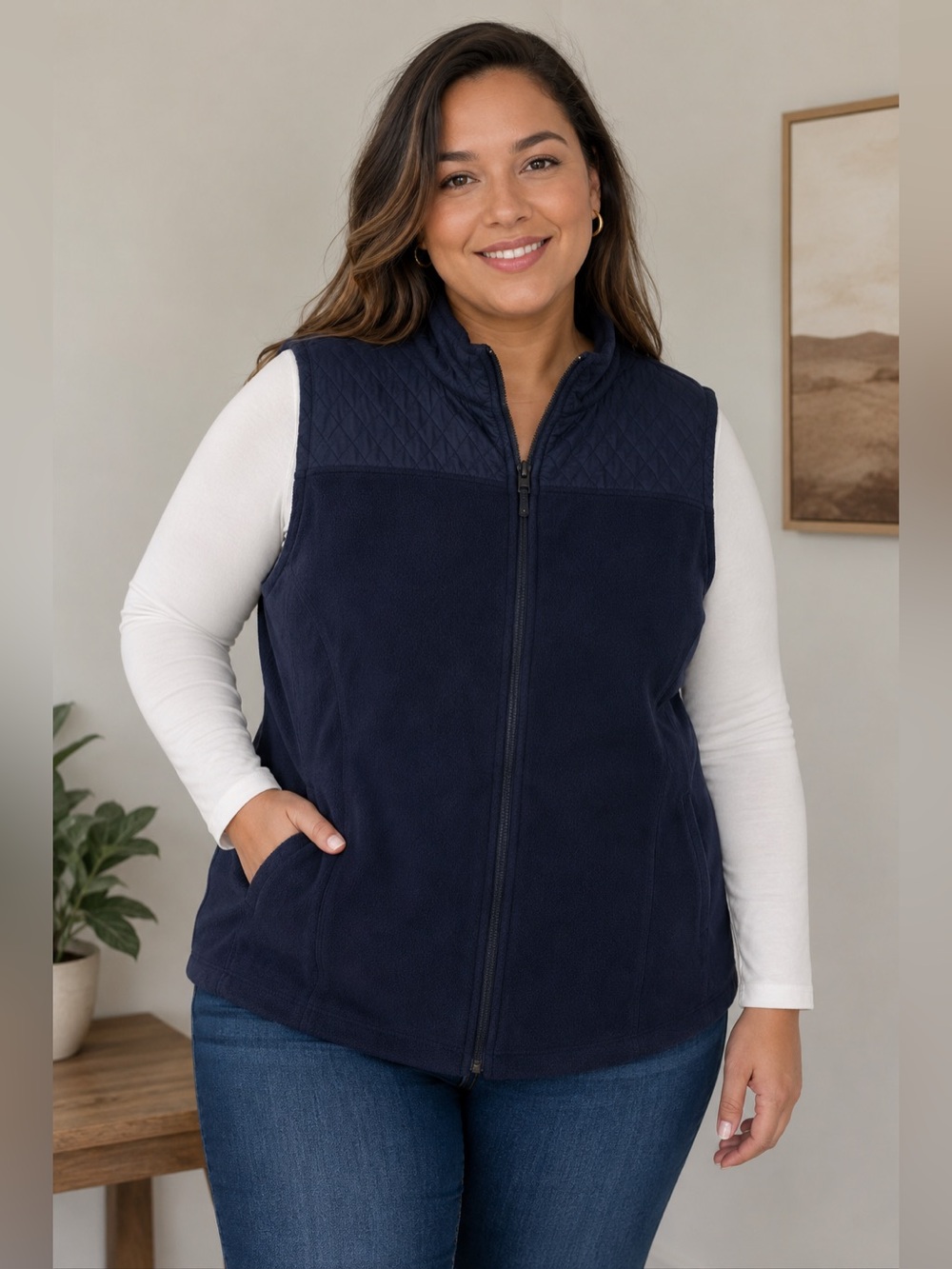 Caribbean Joe Women’s 2X Navy Fleece Zip Front Vest